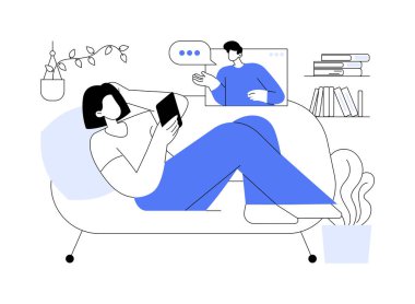 İzole edilmiş karikatür vektör çizimlerini arıyorum. Güzel kız telefonu elinde tutuyor ve bir arkadaşını arıyor, online iletişim, uzaktan konuşma, video konferans vektör karikatürü.