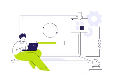 Yazılım soyut konsept vektör illüstrasyonunu yükselt. Dizüstü bilgisayarı olan adam profesyonel yazılımı yükseltti, uygulama tarifesini değiştirdi, modern bilişim teknolojisi, program soyut metaforu indirdi.