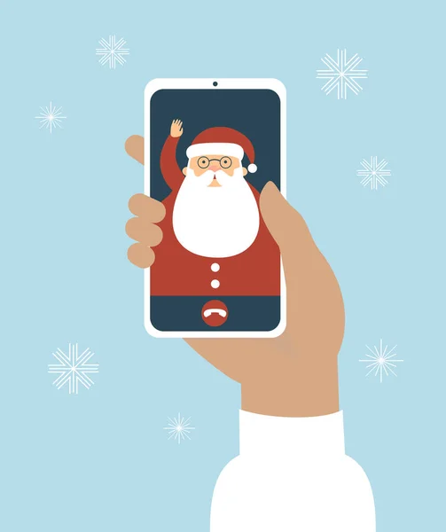 Smartphone Der Hand Videoanruf Mit Dem Weihnachtsmann Vektorflache Illustration — Stockvektor