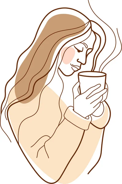 Young Woman Drinking Cup Hot Tea Coffee Simple Line Drawing — Stock Vector