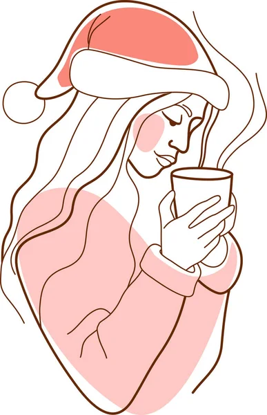 サンタの帽子の若い女性が熱いお茶やコーヒーやココアを飲んでいます シンプルな線画 ベクトルスケッチアート — ストックベクタ