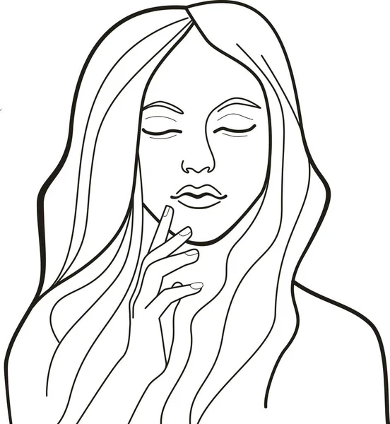 Young Beautiful Female Touching Her Face Simple Line Vector Portrait — Stock Vector