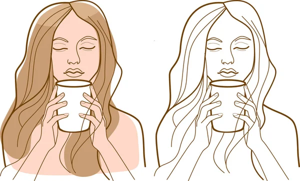 Młoda Kobieta Pije Filiżankę Gorącej Herbaty Lub Kawy Prosty Rysunek — Wektor stockowy