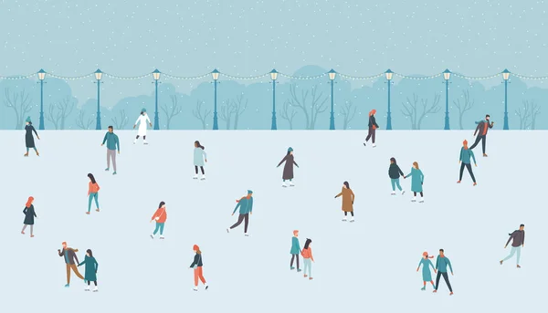 Ευτυχισμένοι Άνθρωποι Που Διασκεδάζουν Στο Παγοδρόμιο Χειμερινές Διακοπές Σκηνή Ενεργούς — Διανυσματικό Αρχείο