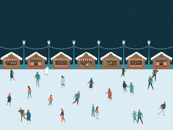 Άνθρωποι Κάνουν Πατινάζ Στο Χριστουγεννιάτικο Παγοδρόμιο Ξύλινα Πάγκους Της Αγοράς — Διανυσματικό Αρχείο