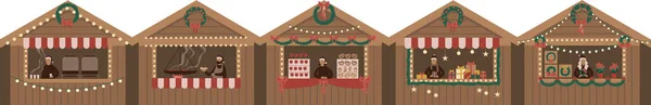 Weihnachtsmarkt Holzbuden Kioske Vektor Illustration Set Verkäufer Des Cartoon Marktes — Stockvektor