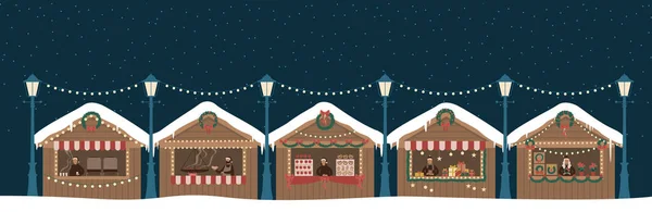 Vánoční Trh Dřevěné Stánky Kiosky Vektorové Ilustrační Set Prodavač Karikatury — Stockový vektor