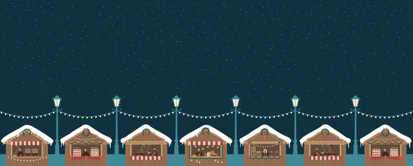 クリスマスマーケット木製の屋台キオスク 新年の食べ物 ホットドリンク マルチワインコーヒーや紅茶 お菓子や贈り物と漫画市場の売り手 コピースペース付きベクトルイラスト — ストックベクタ