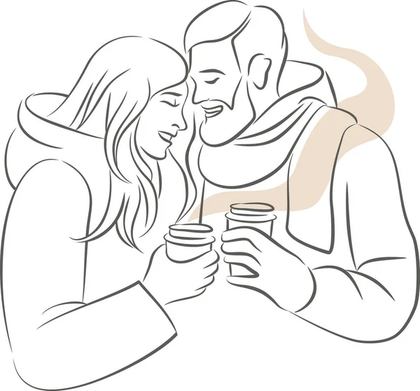Casal Bonito Amor Roupas Quentes Segurando Copos Papel Com Café — Vetor de Stock