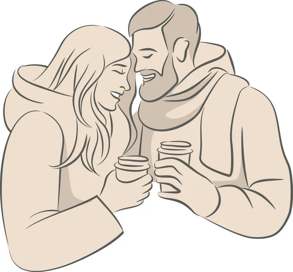 温かい服を着たかわいいカップルは ホットコーヒーやホットワインを手に紙コップを保持しています 単純な線型ベクトル描画 — ストックベクタ