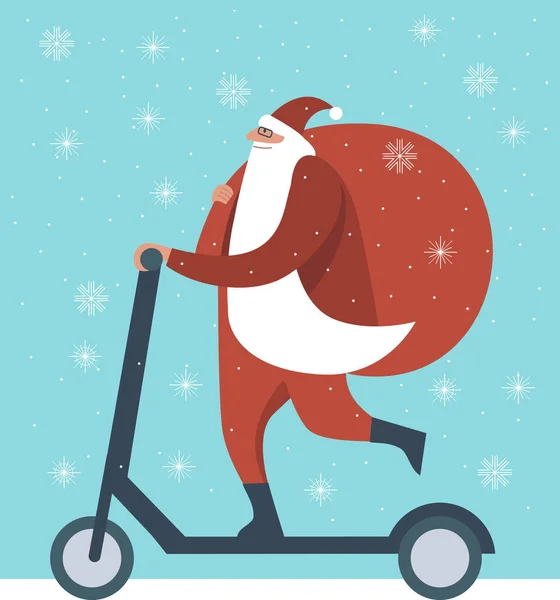 Santa Claus Montando Scooter Llevando Enorme Saco Regalos Tarjeta Plana — Archivo Imágenes Vectoriales
