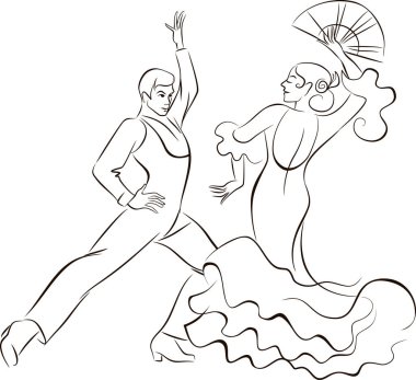 Flamenko dansçıları. İspanyol geleneksel dans kostümleriyle flamenko dansı yapan kadın ve erkek. Çizgi sanat vektörü çizimi 