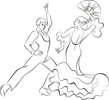 Flamenco dancers. Man and woman dancing flamenco in Spanish traditional dance costumes. Line art vector sketch  clipart