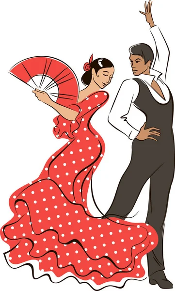 Flamencodansare Man Och Kvinna Dansar Flamenco Spanska Traditionella Dansdräkter Linje — Stock vektor
