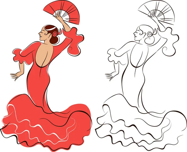 弗拉门戈舞蹈家穿着西班牙传统服装跳舞的女人 矢量草图 — 图库矢量图片