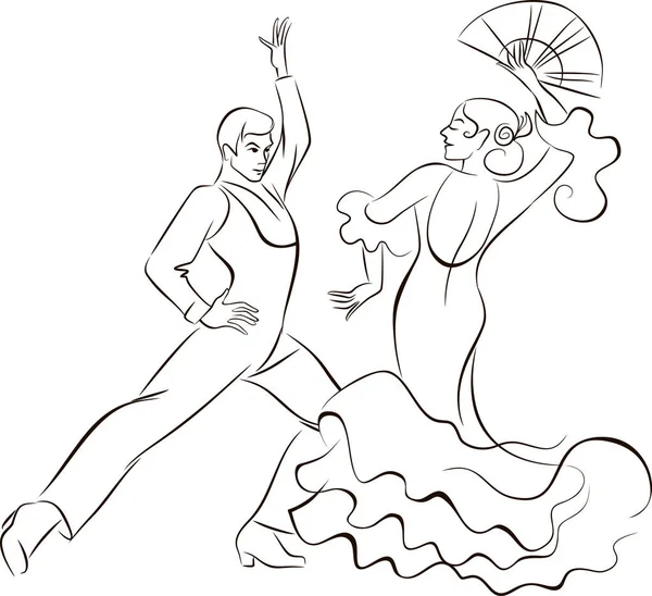 弗拉门戈舞者 男男女女穿着西班牙传统舞蹈服装跳舞 线条艺术矢量草图 — 图库矢量图片