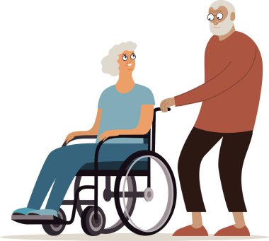Elderly couple together. Grandfather pushing grandmothers wheelchair. Flat vector characters