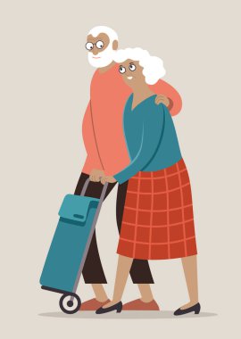 Elderly couple in love pushing grocery bag together. Flat vector characters