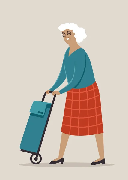 食料品袋を押している老婦人 平面ベクトル文字 ストックイラスト