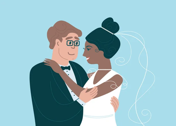 Happy Newlyweds Groom Carrying Bride Holds Her His Arms Multiracial Ilustración De Stock