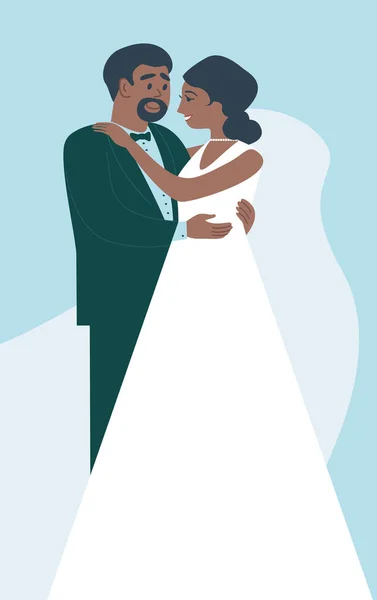 幸せな花嫁と新郎 アフリカ系アメリカ人のカップルが結婚式の日にお互いを保持幸せポーズ立っている 平面ベクトル文字 ストックベクター