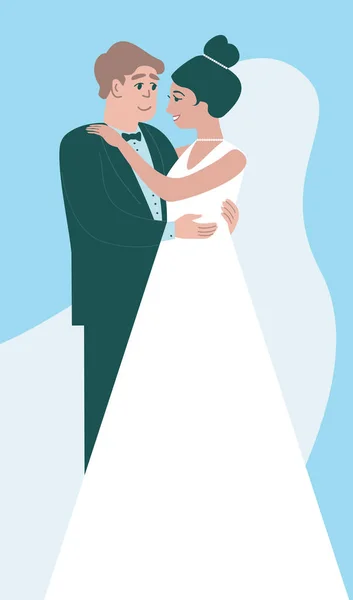 Happy Bride Groom Young Caucasian Couple Standing Posing Happy Wedding 스톡 벡터