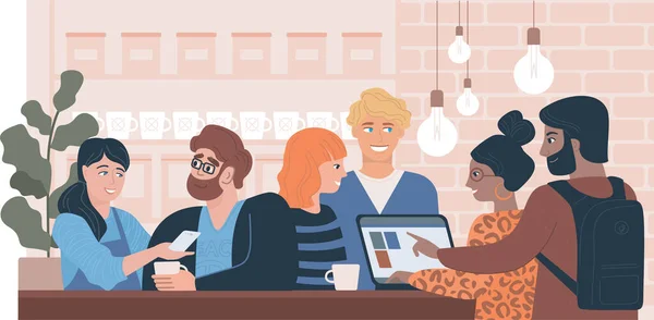 一緒に幸せな友人 現代のコーヒーハウスでコミュニケーションと仕事をしている若者 長いテーブルの上に座っている多人種グループは カフェでノートパソコンを使用します コワーキング 平面ベクトル図 ロイヤリティフリーストックベクター