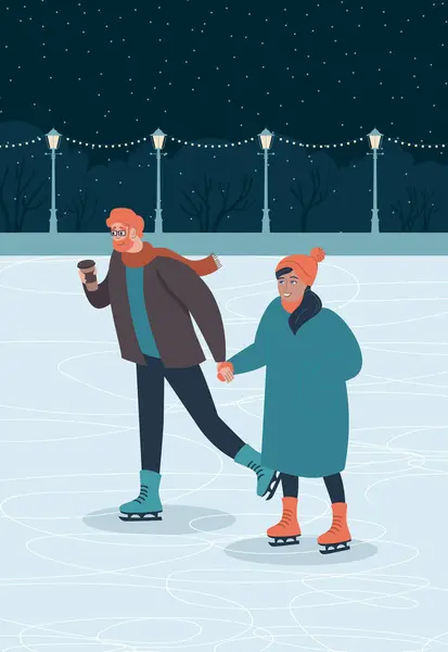 Happy Couple Skating Together Ice Rink Night Seasonal Outdoor Activities — Stock Vector
