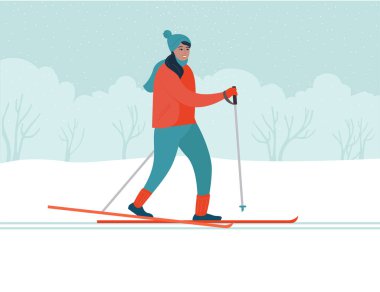 Ormanda ya da parkta kayak yapan bir kadın. Genç kız ormanda kayak yapmaya gider. Kış sporları. Düz vektör illüstrasyonu