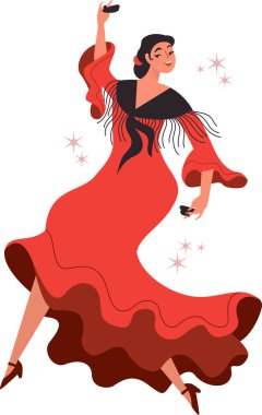 Genç, güzel flamenko dansçısı. Kırmızı geleneksel İspanyol elbiseli kadın kastanyetlerle dans ediyor. Düz vektör karakteri