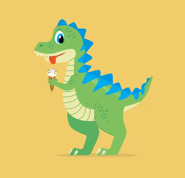 可爱的恐龙吃冰淇淋的角色 黄底平面矢量图解 免版税图库插图
