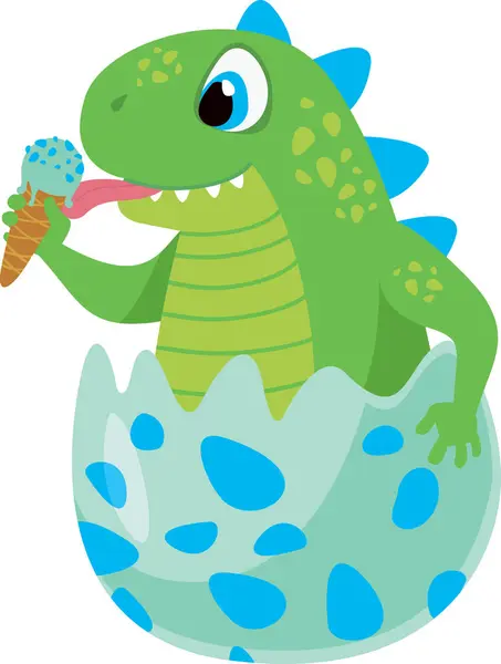 Милий Маленький Динозавр Сидить Яйці Їсть Морозиво Плоский Векторний Символ Ліцензійні Стокові Ілюстрації
