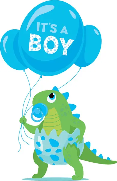 Симпатичний Хлопчик Динозавр Тримає Блакитні Кульки Дитячого Душу Ізольовані Білому Стокова Ілюстрація