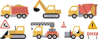 İnşaat malzemeleri seti. İnşaat işleri için özel makineler. Forkliftler, vinçler, kazıcılar, traktörler, buldozerler, kamyonlar. Özel ekipman. Ticari araçlar. Çizgi film biçimi vektörü
