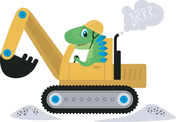 Funny Dinosaur Driving Excavator Digging Dino Character Flat Vector Illustration Vector Graphics