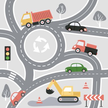 Gri arkaplanda trafik ışıkları ve yol işaretleri olan kusursuz bir model. Duvarkağıdı, kumaş ve tekstil tasarımı için şirin bir çocuk tarzında otoyolun tasviri. Düz Vektör