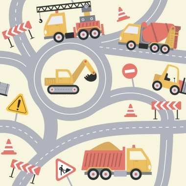 Duvar kağıdı, kumaş ve tekstil tasarımları için karikatür stili yol inşaatı. Sarı damperli kamyon, kazıcı, vinç, yol ve tabelaları olan sevimli çocuklar. Düz Vecto