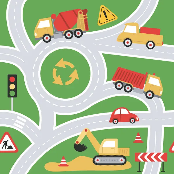 Değişik arabalara, trafik ışıklarına ve yeşil arka planda yol işaretlerine sahip kusursuz desenler. Duvarkağıdı, kumaş ve tekstil tasarımı için şirin bir çocuk tarzında otoyolun tasviri. Düz Vektör