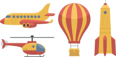 Farklı hava taşıma şekilleri. Uçak, sıcak hava balonu, uzay gemisi, helikopter. Düz vektör kümesi