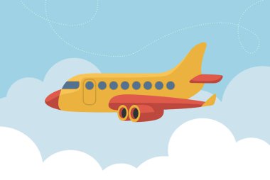 Uçan uçak, jet uçağı, uçak. Gökyüzünde uçan yolcu uçağının yan görüntüsü. Basit düz vektör illüstrasyonu