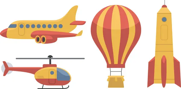 Different Modes Air Transportation Airplane Hot Air Balloon Spaceship Helicopter Vector Graphics