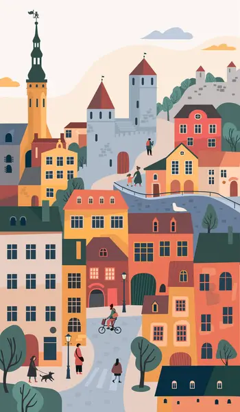 タリンの古い部分を見る エストニアへのフライヤーまたはポスター歓迎 中世ヨーロッパの都市 ベクトルイラスト ロイヤリティフリーストックベクター