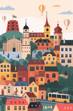 Vilnius silueti Gediminas kale kulesi, eski kasaba, sıcak hava balonları ve diğer simgeler ve semboller. Avrupa Eski Şehir Sokağı manzarası. Litvanya 'nın başkenti. Broşür veya poster için dikey tasarım