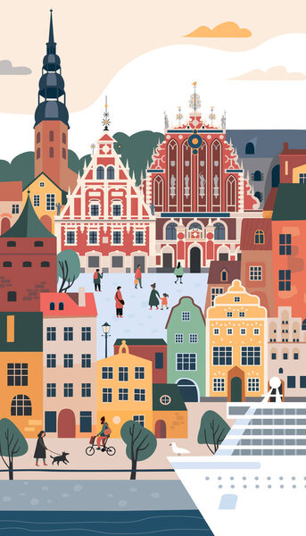 Vertical view of old part of Riga. Famous buildings symbols and landmarks. Flyer or poster welcome to Latvia. Medieval European city.  Flat vector illustration