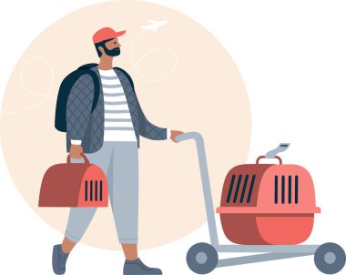 Evcil hayvanlarla seyahat. Kulübeye taşıyacak hayvan taşıyıcısı olan genç bir adam ve kontrol edilen bagajlar için büyük bir kasa. Düz vektör illüstrasyonu