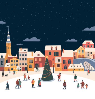 Central City meydanı Noel tatili için dekore edildi. Mutlu insanlar Noel ağacı etrafında buz pateni pistinde eğleniyorlar. Noel posteri veya broşürü için düz vektör şablonu 