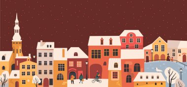 Winter village, city, urban landscape. New Year and Christmas background. Old european town cityscape in a minimal cartoon style. Cute Houses with snowfall on red background. Flat vector illustration