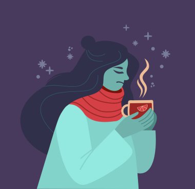 Üzgün hasta ya da depresyonda olan bir kız sıcak içecek içiyor. Grip mevsimi konsepti. Eşarba sarılı hasta bir kadın elinde çay ya da sıcak şarap bardağıyla. Düz vektör illüstrasyonu