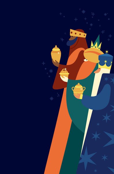 Three Kings.  Epiphany celebration. Traditional Spanish Three Wise men Day. Cartoon Vector illustration Template design for Poster, Banner, Flyer, Greeting Card, Cover, Post.