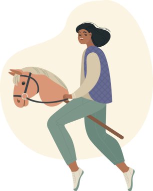 Young Girl riding on a stick horse. Hobbyhorsing sport activity. Modern children's sports hobby. Flat vector character clipart